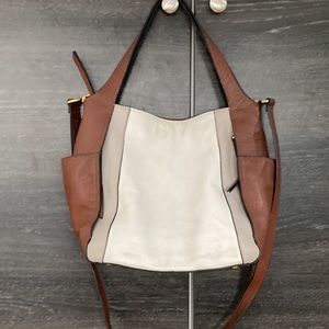 Fossil Tri-Colour Brown, Cream & Taupe Pebbled Leather Shoulder Bag Long Strap